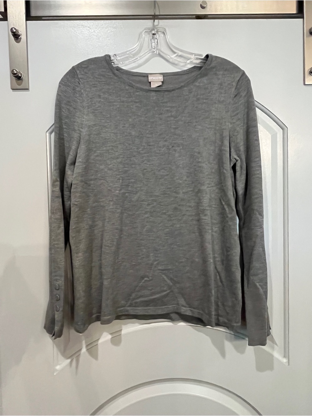 Chico's Gray Long-Sleeve button sleeve Crewneck knit sweater Top.